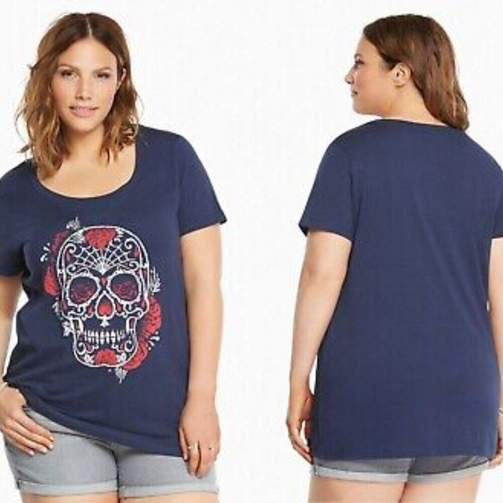 Torrid Sugar Skull Goth Day Of The Dead Navy Blue/Red/White SS Tee 00/10